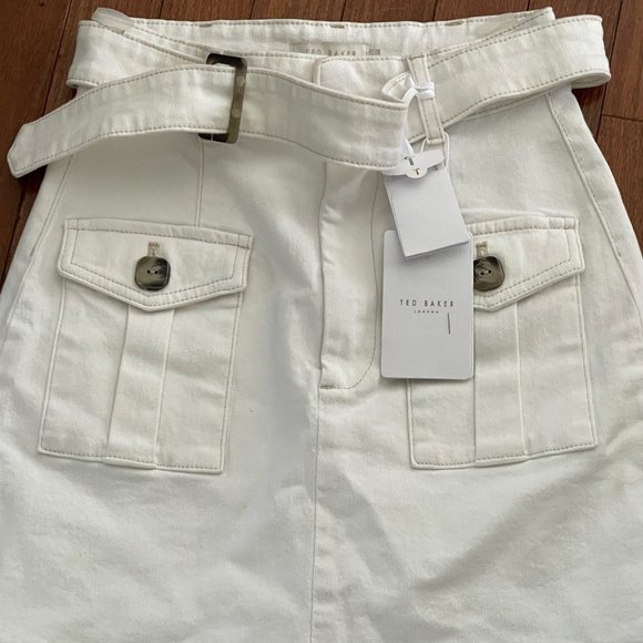 New Ted Baker Cream Eriike Utility Denim Mini Skirt with Front Pockets Size 2 - Picture 11 of 16